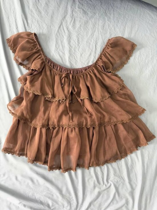 Tops - Brown Ruffle Off Shoulder Top